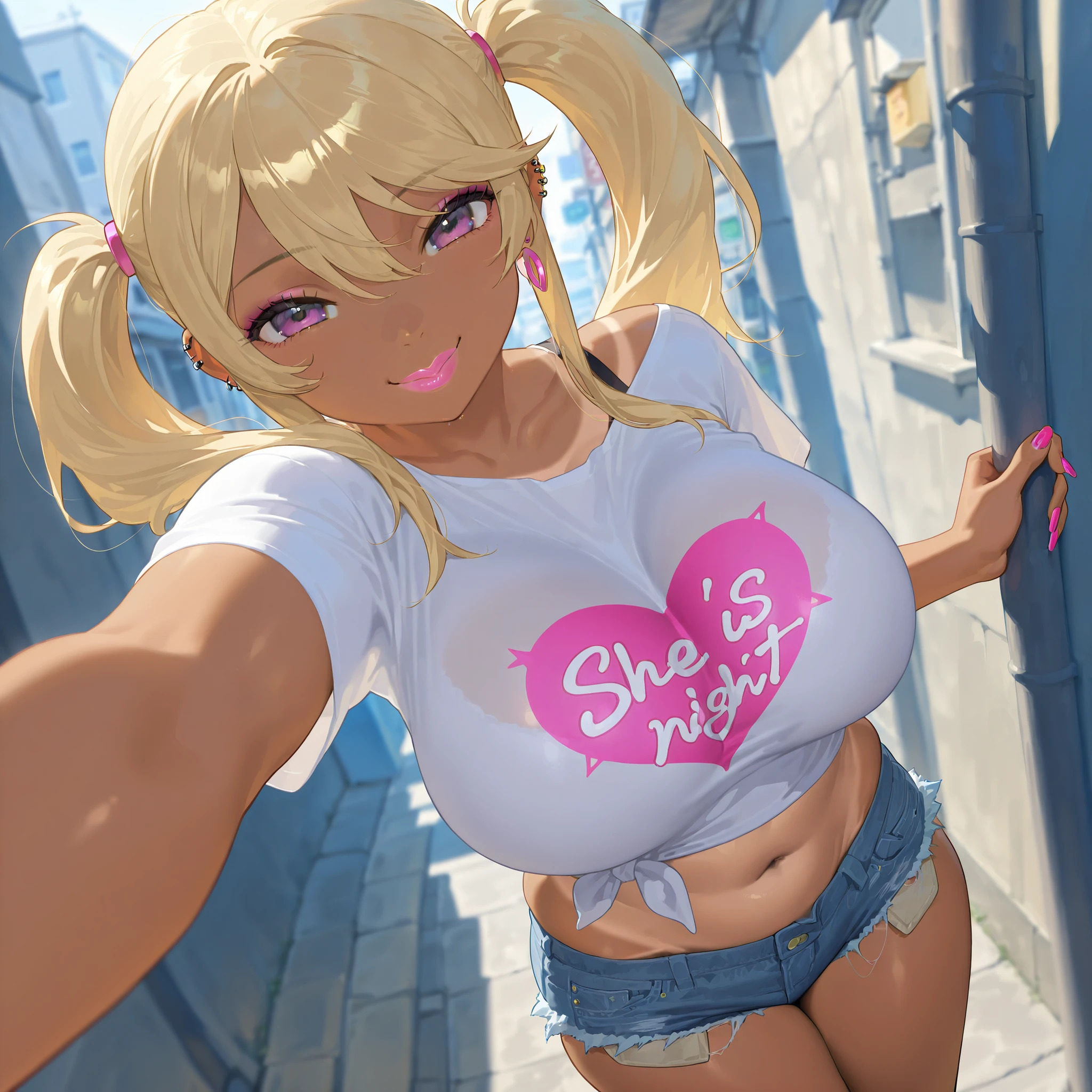 fisheye, tanned, busty, slender gyaru, blonde with two wavy pigtails, she has protruding breasts and an exposed navel, she has long painted nails, she is wearing a white short T-shirt, she is wearing very short ripped denim shorts, she has earrings and piercings in her ears, she has plump pink lips, she is close to the viewer and looks at him with a mischievous look and a smile, in the background is a night alley.