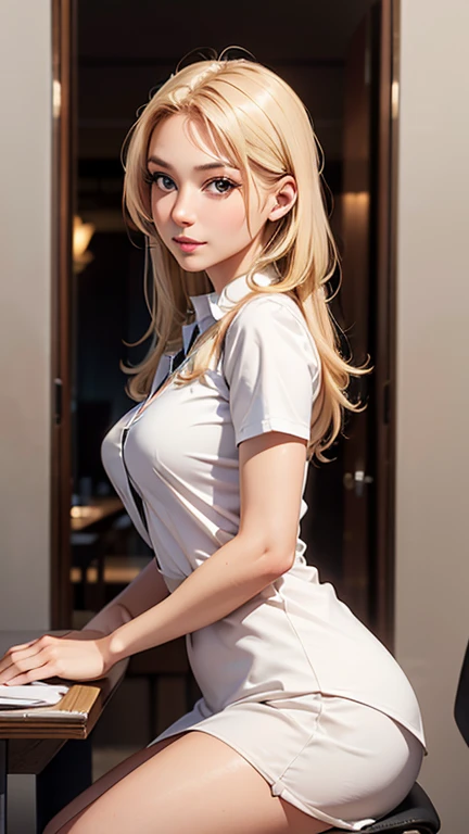 best quality,highly detailed,masterpiece,ultra-detailed,illustration,blonde hair ,hair ornament,stand,indoor,incredibly_absurdres,1girl,medium breast,nose blush ,realistic,long hair,summer_dress,garter straps,bishoujo,waving sv98