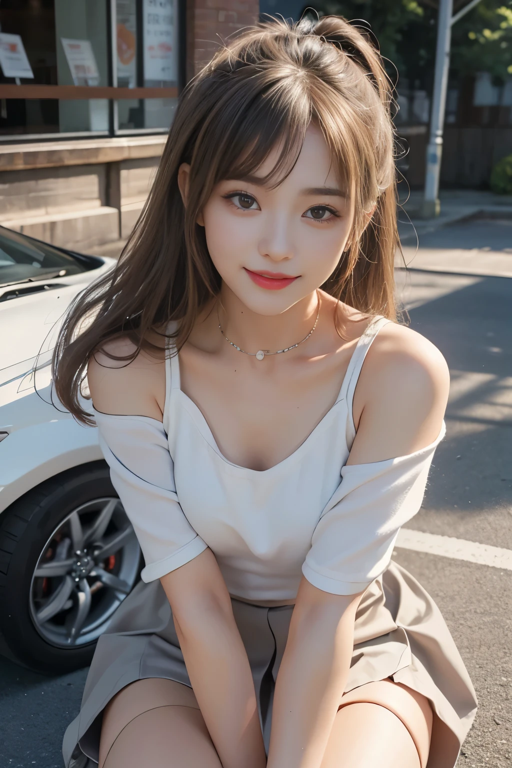 City of night((((sitting in the passenger seat of a car)),masterpiece、one girl per photo、hotel bedroom、 (14 year old girl、small face、Extremely beautiful face, natural makeup)(fair skin、realistic skin)(sparkling eyes)、brown hair、((I can see the cleavage、knit、white off shoulder dress、mini length))((white knee high boots))bright smile、short bob hair、hair behind ears、shiny smooth blonde hair、asymmetric bangs、8K resolution、 high detail、elaborate hairstyle、detailed face、beautiful breasts、beautiful cleavage、thin waist、big ass、thin thighs、description of octane、Super realistic、perfect limbs、perfect anatomy、One leg is raised、Angle below the knee