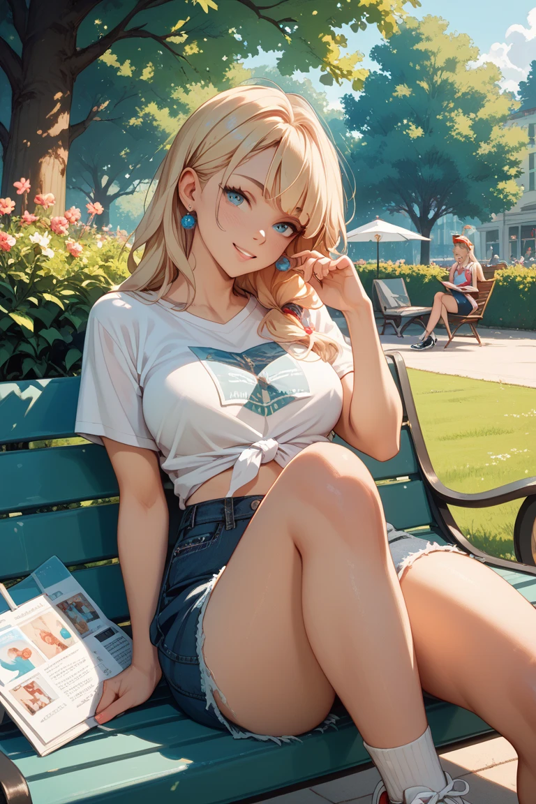 absurderes, ultra-detailliert,bright colour,(in 8K:1.3),masuter piece,extremely beautiful detailed face and eyes, 25 years old,(School Uniforms:1.2), (gals:1.2), (White shirt:1.3), (Wrap a beige cardigan around your waist:1.3), ((cleavage, Unbuttoned):1.2), (Plaid pleated skirt:1.2), (Necklace,Colorful bracelets,(Loose socks:1.4),Double peace,X-Hair,
Large windows, a bright small greenhouse, lots of houseplants, lots of potted plants, potted flowers, bright sunlight, lens flare, tropical trees, wooden chairs, waterholes, small birds,
(Smooth straight blonde hair:1.3), (Shiny hair:1.2), Delicate beautiful face, red blush、Deep Blue Eyes, (Happy smiling face:1.2),Small necklace,(raise two fingers on chair),Full body