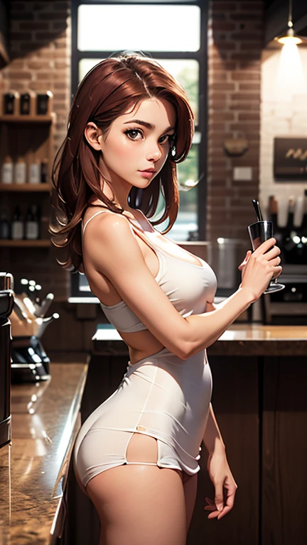 High quality, best quality, masterpiece, 1girl, 18 year old female, curves, (ripped white tshirt:1.4), small tight white shorts, standing at a bar, long wavy black hair, green eyes. smiling. cleavage, large breasts, rolled up sleeves, hands on hips. She looks at the viewer.