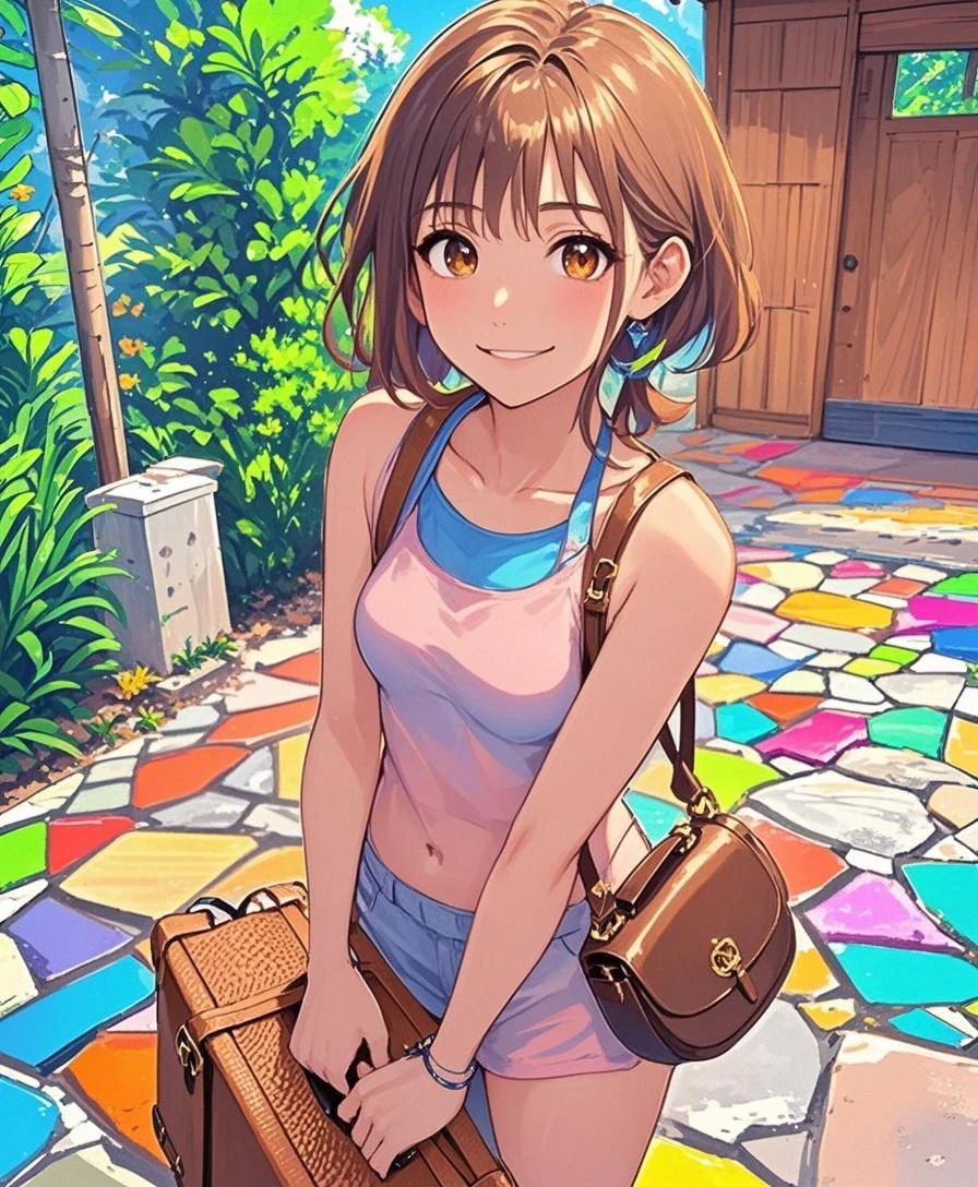Maho Nishizumi,
Pink Swimsuit,Pink Skirt,
Semi-short hair,Brown Hair,Brown Eyes,Small breasts,
Smiling expression,From the side,Summer season,Holding the product,
Seaside,Inside the store,Standing posture,At least one shoulder bag,
Beautiful image quality,