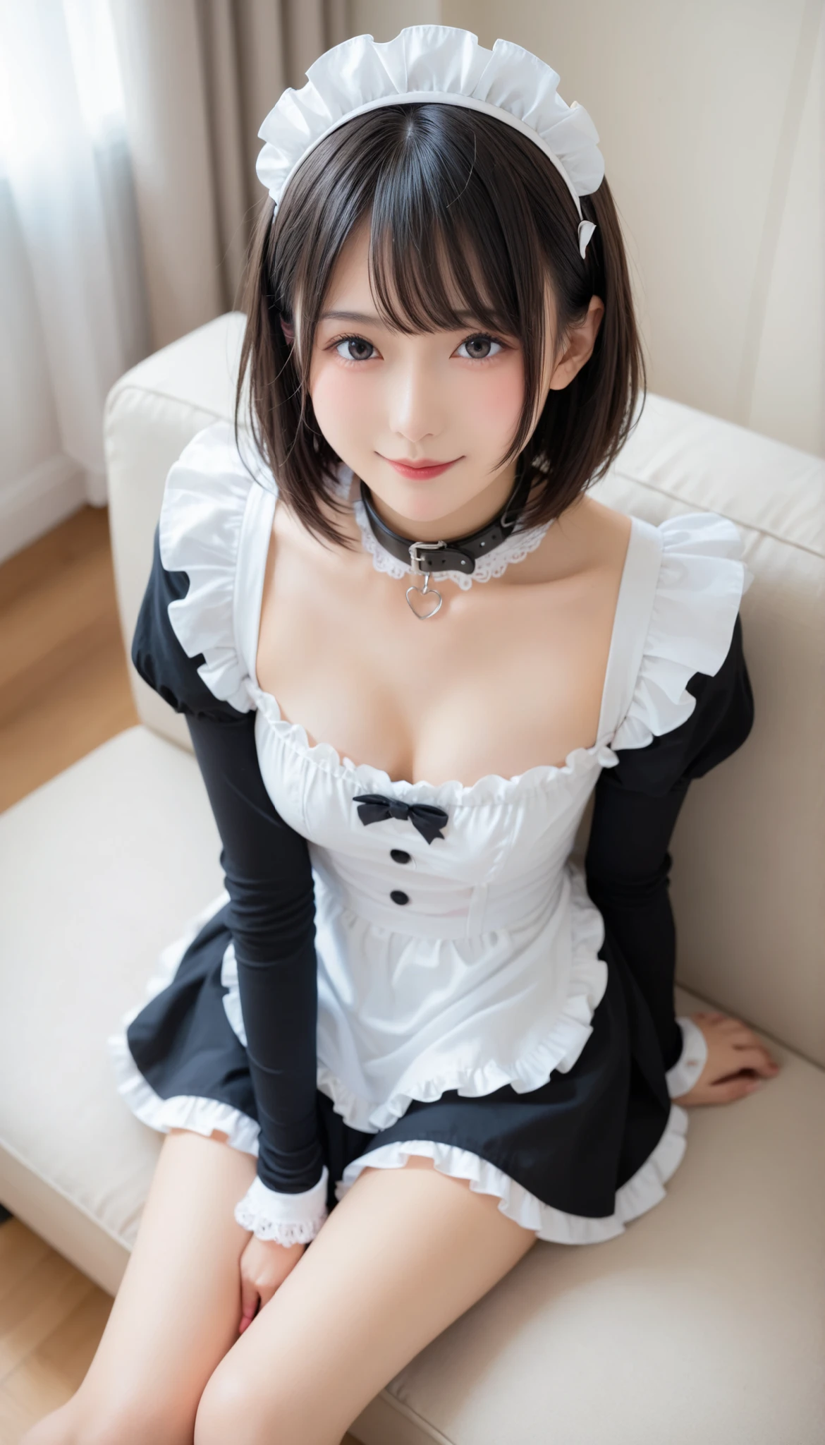 score_9,score_8_up,score_7_up,Highest,quality,Super Detail,Absolute Determination ,one Japanese girl sitting on a sofa in a Western-style building,black hair, bob hair +asymmetrical straight bangs ,maid+chest,maid,Black collar,smile,from above, private room,before blunt,cat、legs on the living room floor、penis、feeling、joy、sex、violently