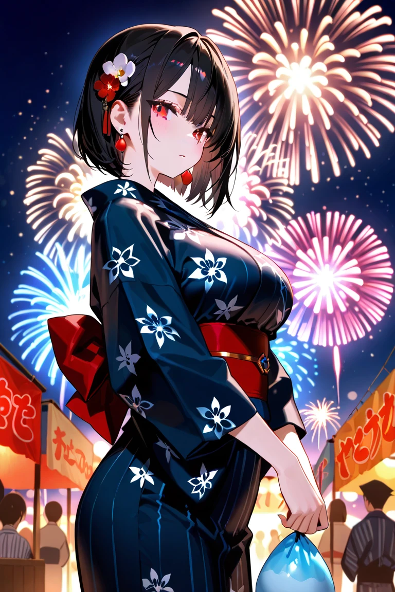 (masterpiece, best quality:1.2),1girl, (solo), Android 18 from Dragon Ball, ((floral print black kimono)), medium breasts, blunt bangs, black short hair, (red eyes), earrings on earlobes, slim, slender feminine figure, skinny body, blush, magnificent view, blur background, 4K, Tokyo Tower, firework, arms open, collarbone, (Kimetsu no Yaiba), Demon, looking at fireworks, riverside, thigh gap, red panties, fangs,