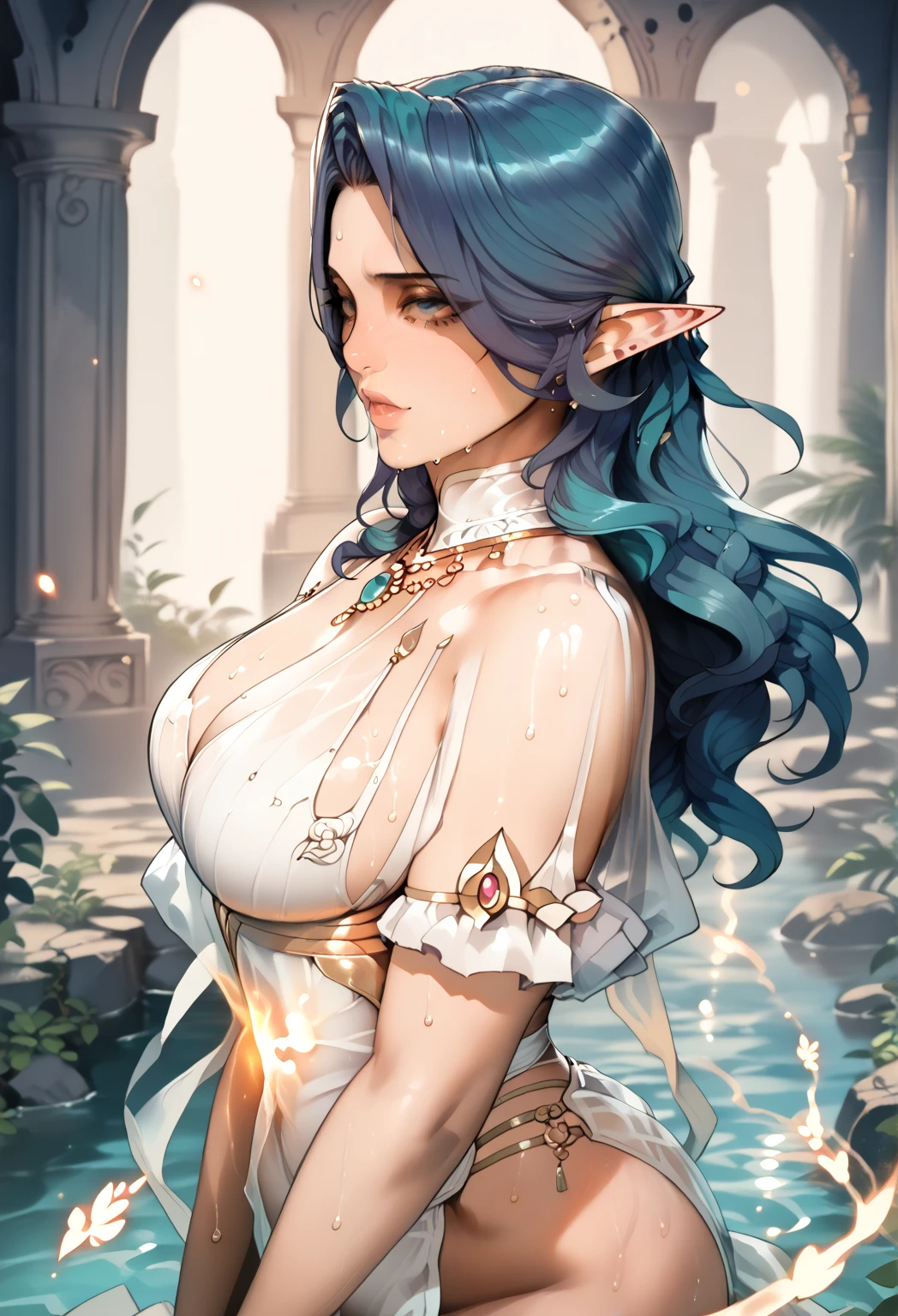 A tall and beautiful elven woman, plump body, big breasts, light blue glowing eyes, cold expression, proud posture, straight chest, lilac skin, purple facial tattoos, silver tied hair, exposed chest, exposed shoulders, exposed belly button, exposed thighs, looked up at the camera, left sweat beads on her body, wet body, in a medieval inn.