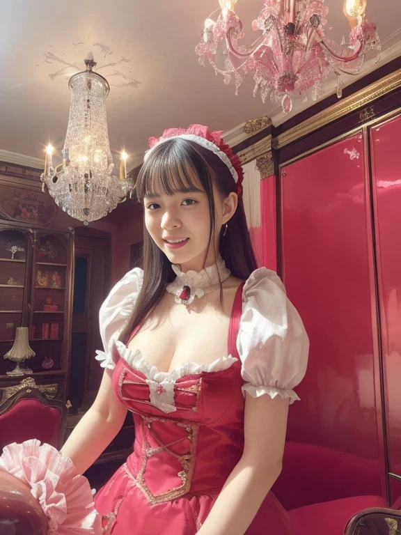 Woman wearing a white corset、The background is a gorgeous red wallpaper、[Photo Real]!!,Candid Flash photographygraphy、grow、Masa Nakayama、Flash photography、sui ishida、Do not copy hands、Adult women、luxury、There are many decorations