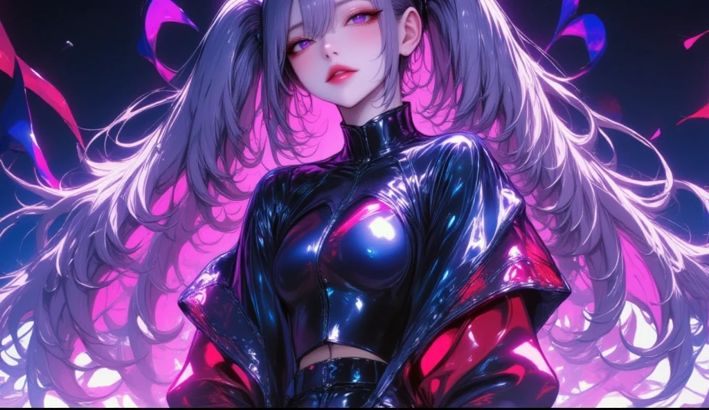 hair above one eye, red eyes, clear eyes, choker, open jacket, towards the wall,shineing grafiti, shineing tattoos, shine, neon light, Black light,anime style, movieポートレート写真, 1 female, 22 years ago, Full body Esbian,Blue eyes background, big and full breasts, anger, (scarlet colored hair), long hair, purple eyes, wearing a short black dress, (natural skin texture vivid details, surreal, (realistic detailed eyes, natural skin texture, realistic facial details), soft and dramatic lighting, Depth of written boundary, Bokeh, vivid details, surreal, 35mm movie, hazy blur, movie,lipstick, ear piercing, eye shadow, hoop earrings, Red-pink lips, 多色のred eyes, purple theme,Wear an iridescent aura,beautiful eyes,stand in front of the red gate、bold pose、decide on a pose,upper ponytail,Hanging bangs