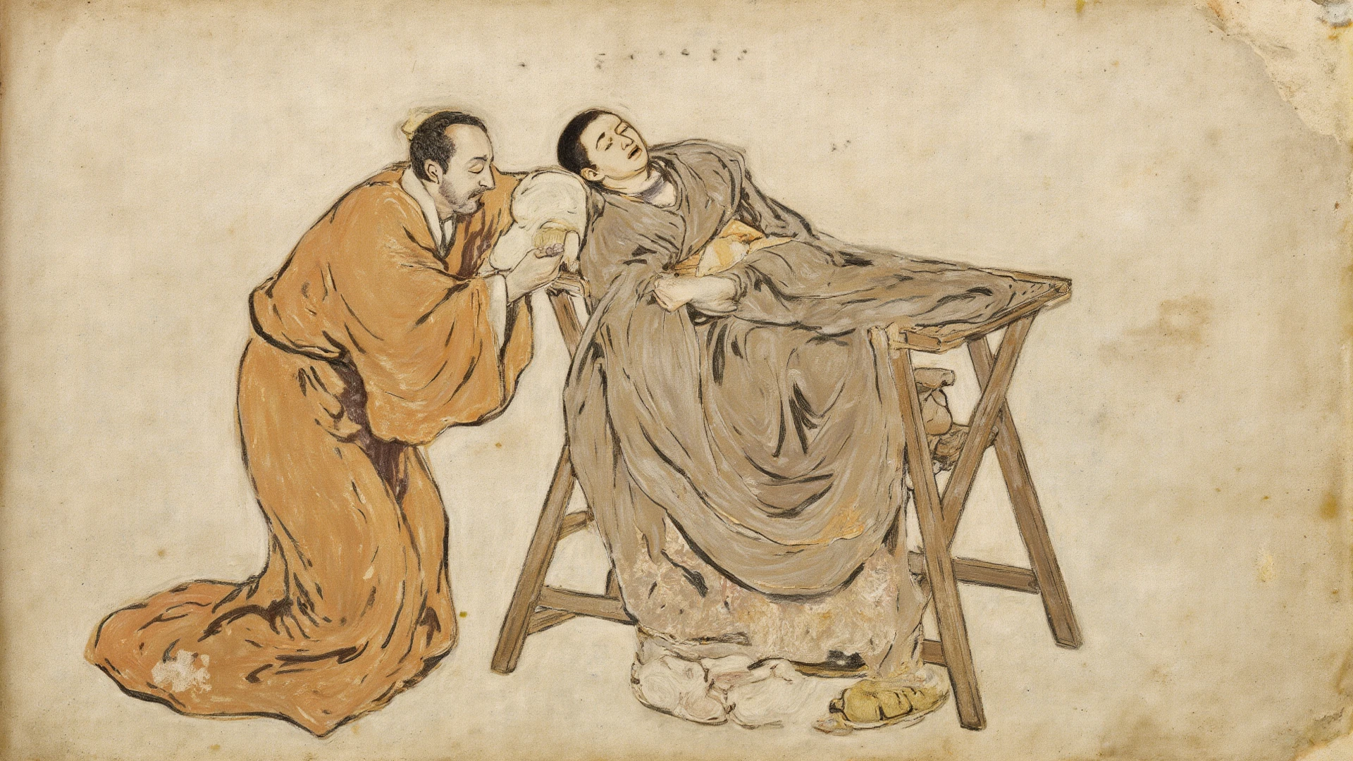 2 old men use chopstick for picking up sushi from a naked men body lying on the table