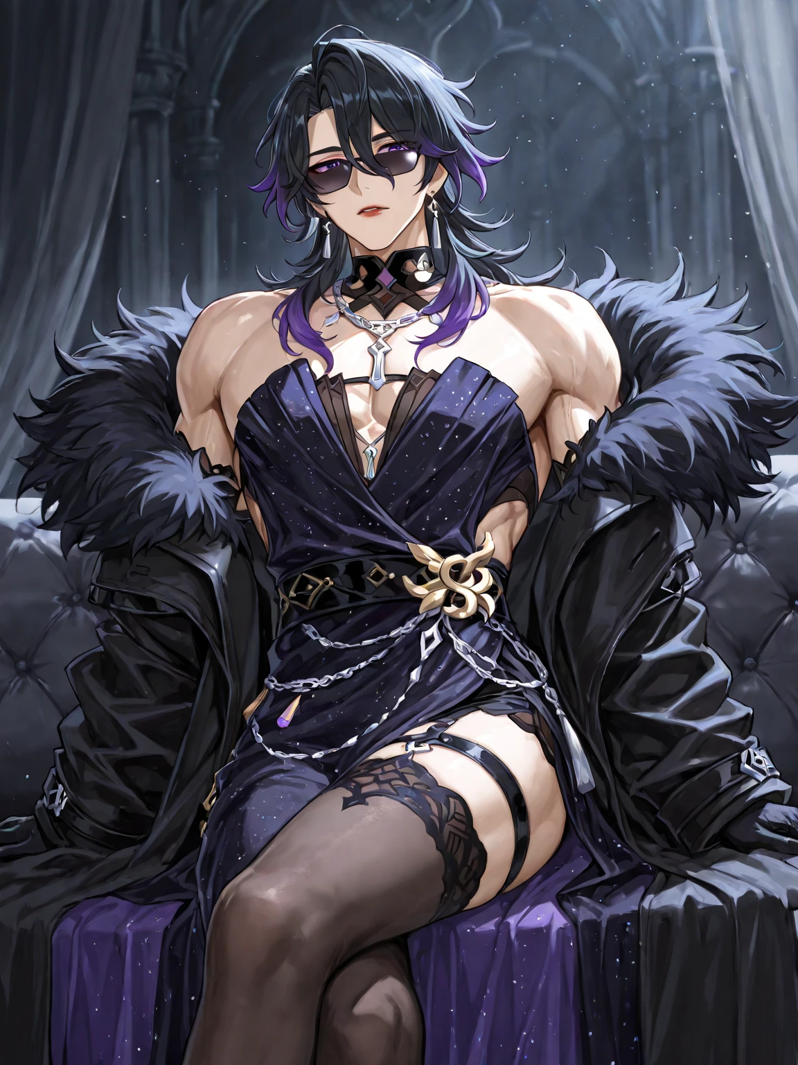 "A shapeshifter with curly PurpleGrey hair, Dove Grey eyes, and stubble, male character dressed in lingerie."