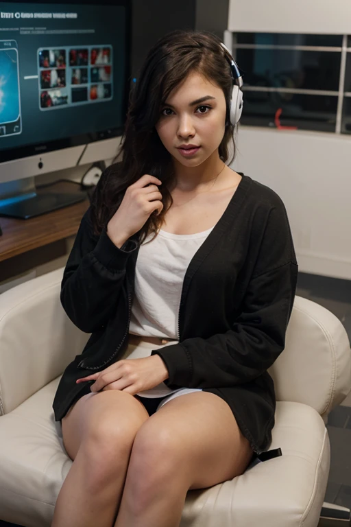 8k, RAW photo, best quality, ultra high resolution, photorealistic, realistic photo of skinny ebony girl playing video game, (skinny ebony girl), on the knees on the office chair, on the knees at the computer desk, full body portrait, photo from the side, playing video game, wearing headphones, wearing long t-shirt, wearing panties, wearing thigh high socks, thigh high socks, holding remote control, long curly hair, (extremely detailed CG unity 8k wallpaper), Sharp focus, dramatic, (bright light)