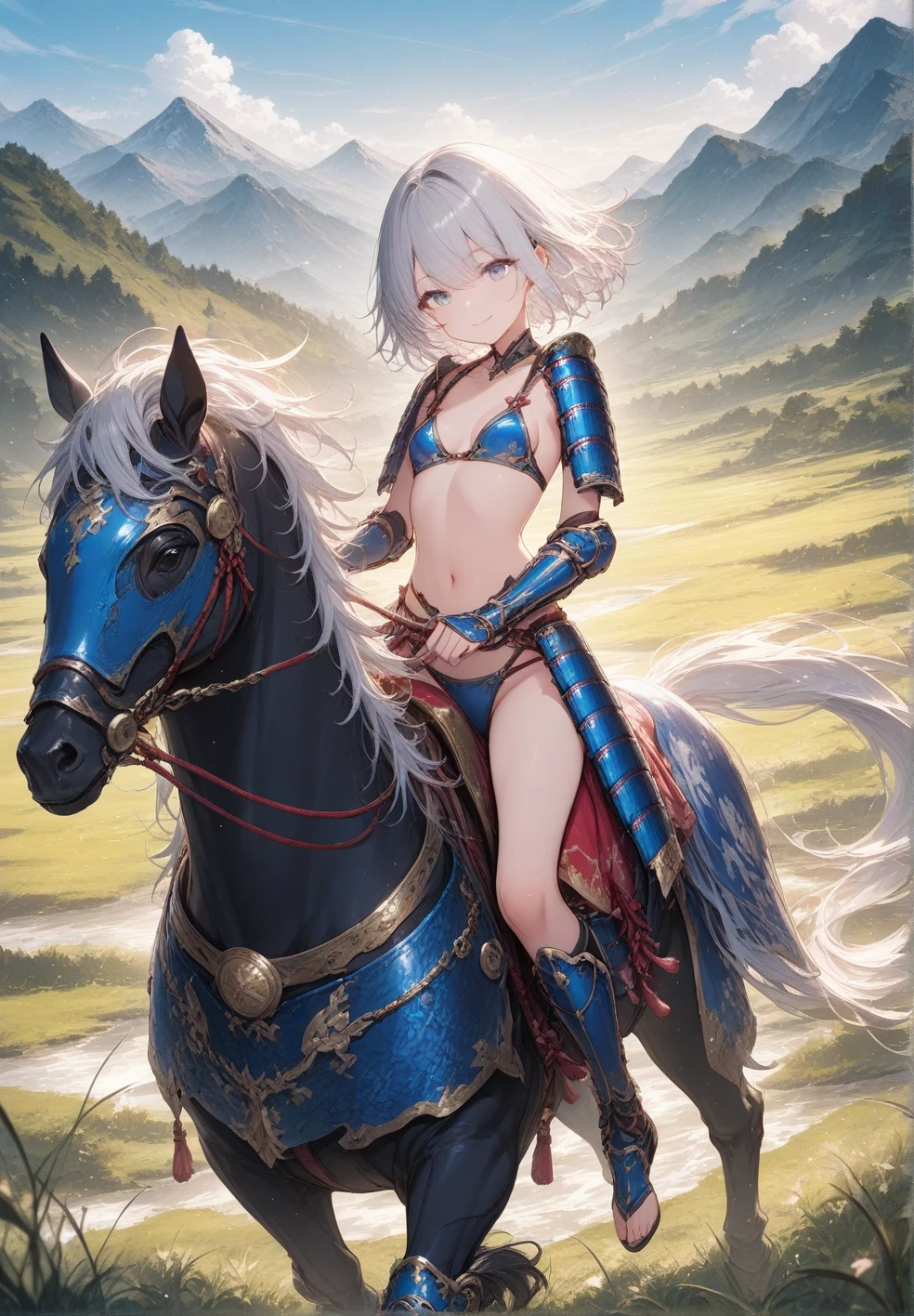 masterpiece, best quality, 1girl,  <lora:kwFemaleBeta42_SDXL_v1:1>, 
white, chinese, horse, grass, field, racing, unicorn, cleavage, stomach tattoo, nipple piercing, waifu