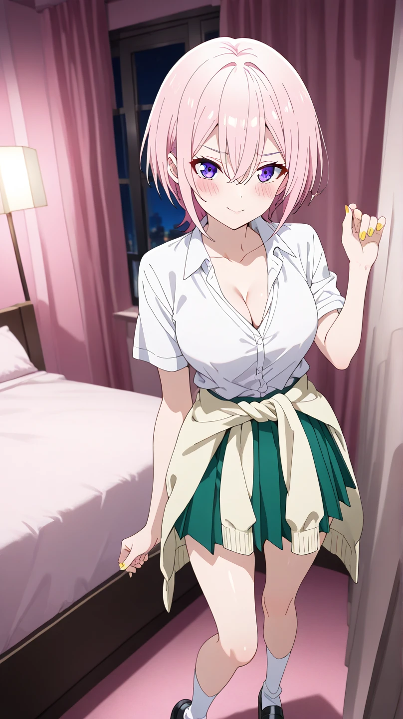 masterpiece, high quality, 8k, beautiful lighting,sunny day, 1 girl, alone, Mr. Shikimori, ,((Front-opening shirt)), looking at the viewer, (white lace panties), ((fine shirt)),(slim thighs),((Closed Radium Chest,((clavicle)),lie down on the classroom floor,