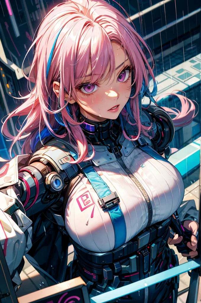 (Mecha Girl), ((Robot Mecha)), (Plump Body), (Tight Leather Jacket), (Larger Tits), in a battlefield full of war and chaos, the light on the battlefield shines through the smoke, casting colorful colors, reflecting on the body of Mecha Girl 1, Mecha Girl 1 stands majestically, (She wears pink Mech), showing her sexiness and confidence. The leather jacket fits her plump figure, highlighting her femininity and strength. (Picture-sensitive shots), (Best image quality), (More details of characters' faces)
Mecha Girl 1's hair was a gorgeous sea of pink, falling on her shoulders like silk. The hair gently flutters in the wind of battle, exuding a charming sheen. Every strand of her hair reveals her vitality and courage,
Her pupils are a pair of turquoise gemstones that reveal a glow of wisdom and determination. In the fierce atmosphere of the battle, her pupils flashed with calmness and determination, showing her combat experience and keen insight,
The mech shell of Mecha Girl 1 is a bright pink, smooth and shiny. Under the sunlight, the mecha shell emitted a dazzling light, like a shining rainbow. The curved design of the mecha shell highlights the grace and strength of her body, highlighting her majesty and delicate as a combatant,