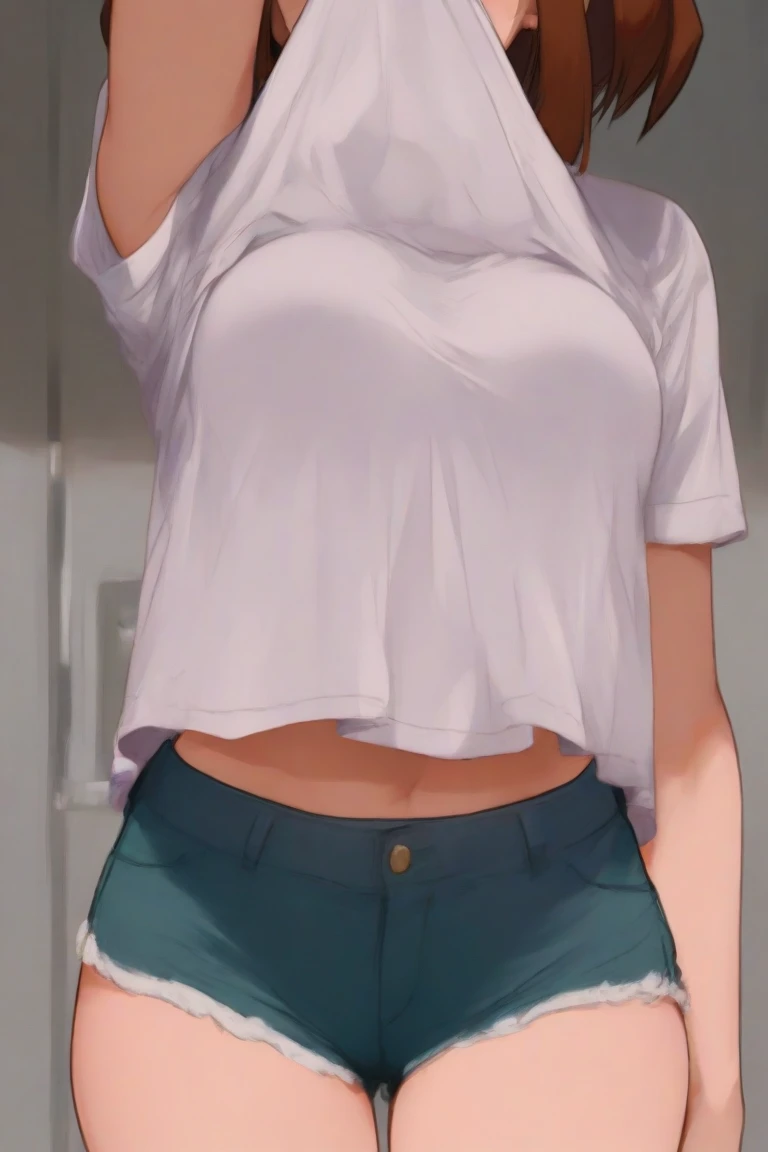 1girl, looking at the viewer, blonde, lewd eyes, midriff, white shirt, bags, blue eyes