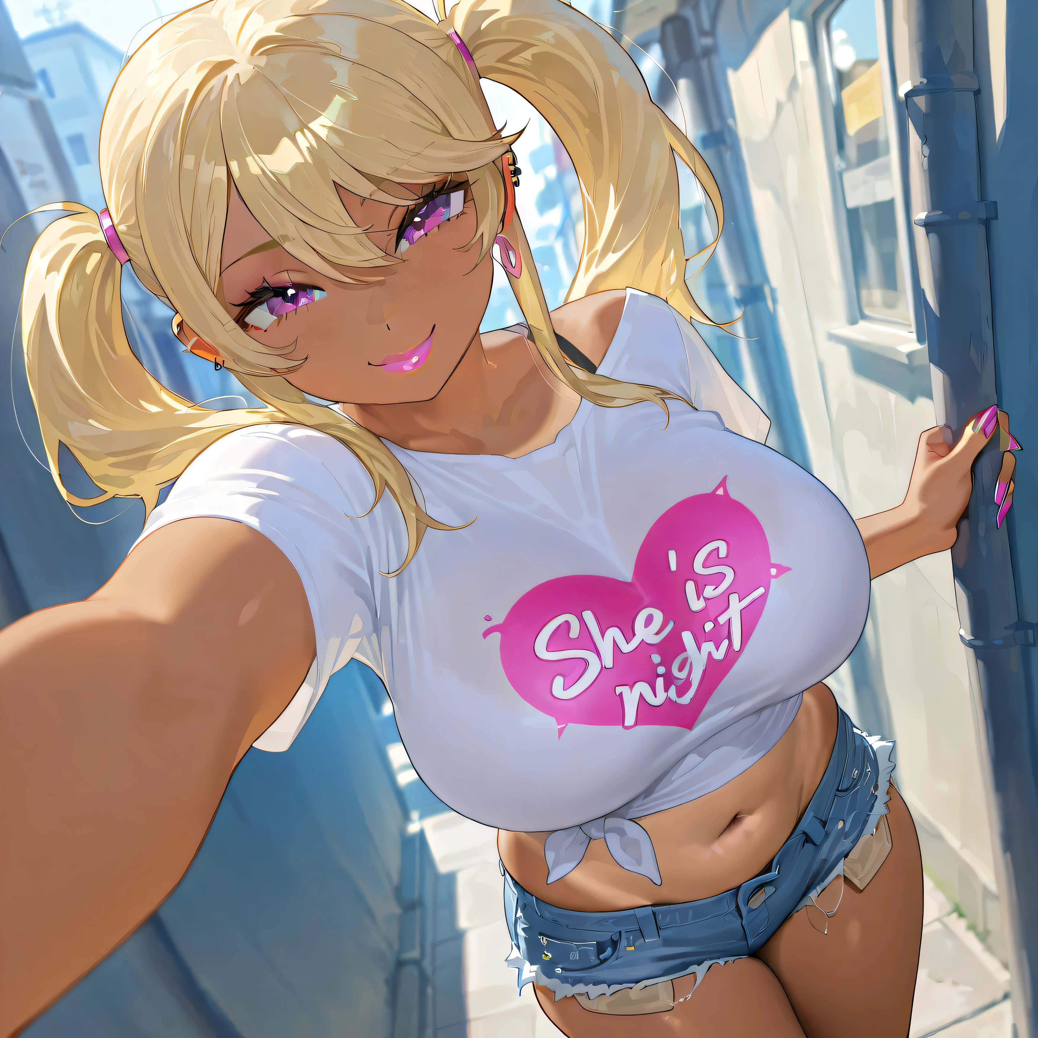 fisheye, tanned, busty, slender gyaru, blonde with two wavy pigtails, she has protruding breasts and an exposed navel, she has long painted nails, she is wearing a white short T-shirt, she is wearing very short ripped denim shorts, she has earrings and piercings in her ears, she has plump pink lips, she is close to the viewer and looks at him with a mischievous look and a smile, in the background is a night alley.