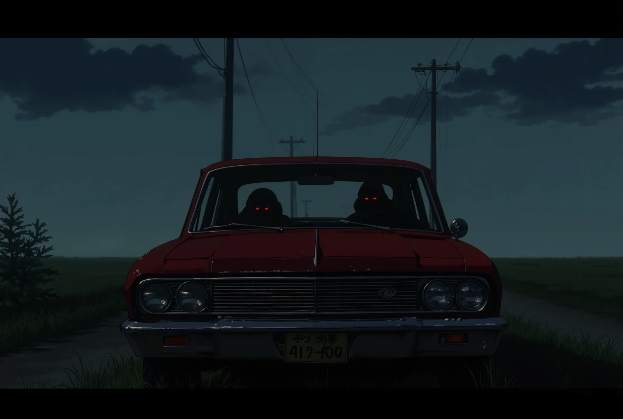 anime style, A lonely country road at night under a dark, cloudy sky, an old red car parked alone by the roadside, faint fog around, inside the car a shadowy figure with vague red eyes sitting in the driver's seat looking directly outside, eerie atmosphere, cinematic composition, (fog), 4K, mysterious and unsettling mood, 90s retro anime