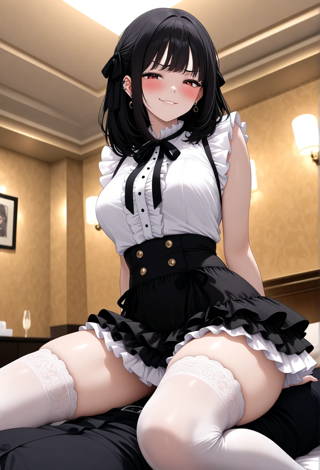 masterpiece, best quality, high quality, 4k, highres, anime, 1girl, 19 years old, purple eyes, colored lips, purple lips, pink eyeliner, makeup, long black hair with hair buns, pink bows on hair, smirk, white blouse, short sleeves, (black pantyhose), pantsushot, on the sofa, sexy, (solo)