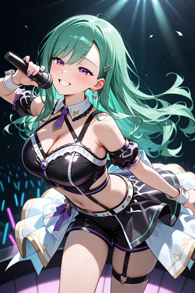 Sexy, excited girl dancing at a rave, colorful background, revealing clothes
