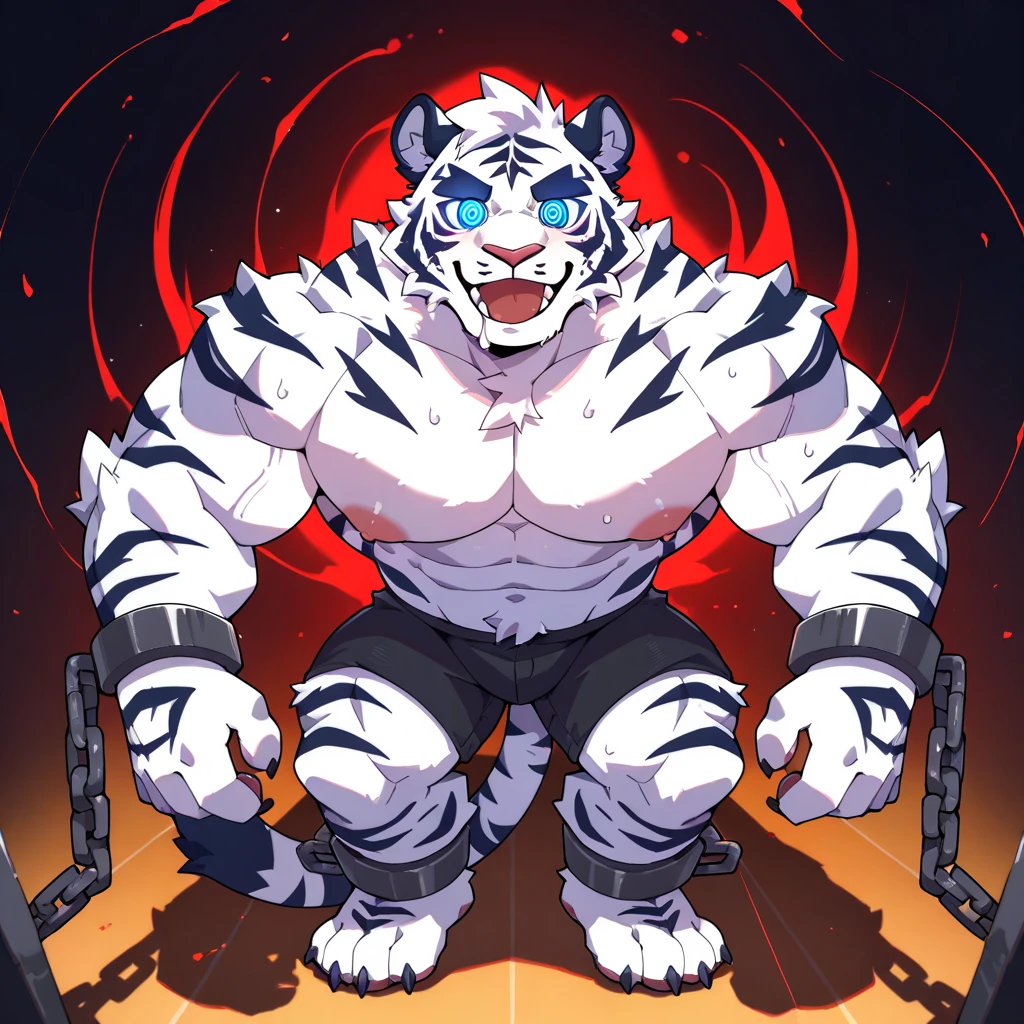 tiger，fur，Black stripes,(he collapsed to the ground, His limbs were pulled by chains:1.5),(There are many chains on the body:1.5),(fall to the ground:1.2)，(Feet up)，(拟人化的tiger)，(Sweat)，(Tongue)，(A pair of eyes with different pupil colors),(环境是一个黑暗的dungeon:1.5)，whole body，HD，hairy，muscle，The chain is pulled，Belly up,(alone:1.5)，masterpiece，perfect，perfect的细节，(Normal people&#39;s eyes are clear:1.5)，(Four legs pointing to the sky:1.5),ripped clothing,Alone alone,(dungeon，Dark and damp，musty:1.8),(a lot of chains:1.3),(big dick:1.3)