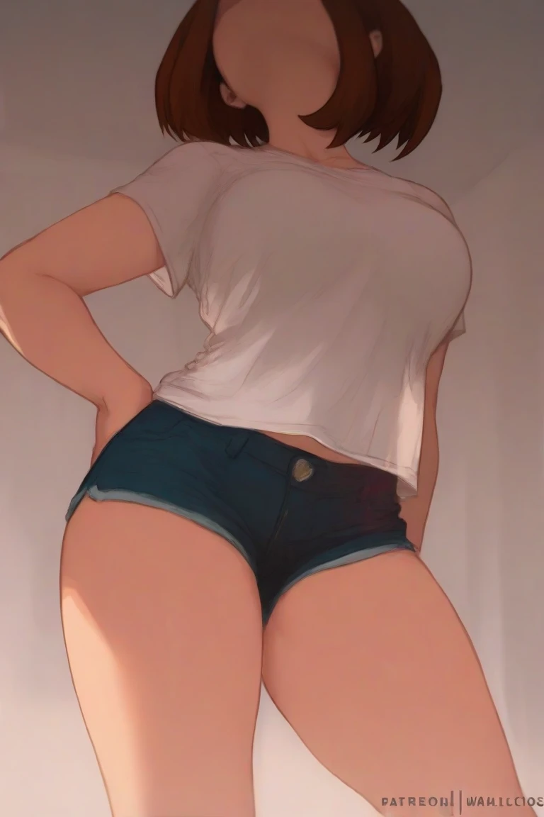 masterpiece, tight denim pants, back view++, look back, chubby but small breasts, thick legs, Full body+, A body as thick as a man's, Solo, Realistic, Sexy Asian face, Swollen face, Ripped black denim pants, Japanese face, Legs focus, Moderately fat body type+, 1 woman, wide shoulder, T-shirt, Denim pants, thick tights, adult woman, Thick waist++, low rise black denim pants, Small breasts and fat and short leg, Muchimuchi body best quality, 1girl, kaoruko, brown hair, brown eyes, twintails, hair ornament, large breasts, red ascot, looking at viewer, sketch, solo, simple background