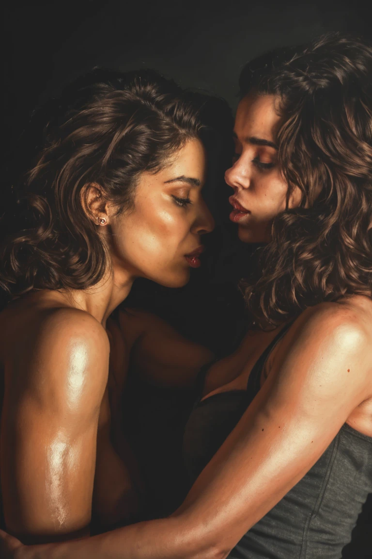 Hyperrealistic photography of two women kissing, in bed, bedding smeared with mud, white pillows smeared with mud, white sheets smeared with mud, white blankets smeared with mud, thong, 30-year-old women smeared with mud, Lena Meyer Landrut, light blue underbust corset smeared with mud, ruffles, black tulle skirt smeared with mud, light blue high heels sandals smeared with mud, black fishnet tights smeared with mud, the whole body is smeared with mud, the black curly hair is smeared with mud, high quality, realistic lighting, center of the image, hourglass proportions, 8k, HDR, BDSM, medium breast size, professional photography of a woman, natural skin texture smeared with mud, 4K textures, Adobe Lightroom, Photolab, HDR, complicated, elegant, very detailed, sharp focus, insane details, intricate details, hyper-detailed, bright cinema light, outdoor atmosphere, chin pulled up, (exposed belly: 1.8 ), (distance shot), dominant facial expression