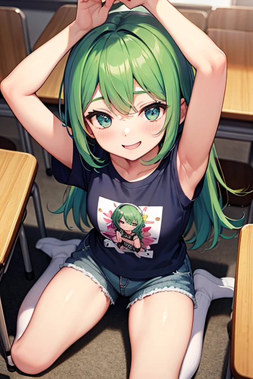 1girl, alone, tooru hagakure,masterpiece,best quality,highres,ultra-detailed,hagakure tooru,green eyes,multicolored hair,long hair,ahoge,bangs,large breasts,sportswear,(shirt:1.2),(skin tight:1.4),short sleeves,(shorts:1.2),short shorts,(boots:1.2),indoors,standing,smile,cowboy shot,peace sign, 1girl, alone,perfect hands, perfect anatomy