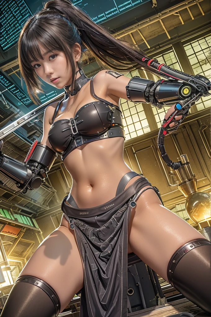 Eve, Stellar Blade, Large Breasts, Thick thighs, Curvy, One girl,alone,Heavy makeup,cute,Earrings,Ring Blade,(Naughty smile:1.1),Holding a long mechanical sword,ponytail,Idol,hooker,uniform,(battlefield:1.1), Show me your back, Big Ass,