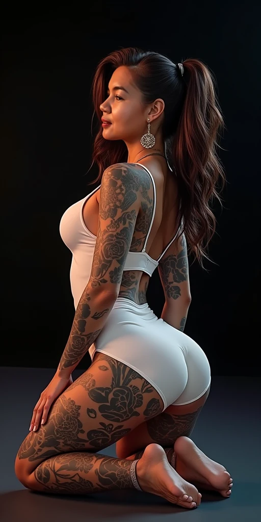 apron,naked apron,,tattoo,best quality,highly detailed,highres,8k,realistic,ass focus,depth of field