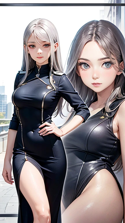 full body portrait, Beautiful Chinese woman, tall, Plump breasts, Slim waist, Slender legs, Delicate skin, slender eyebrows, Tight suit top, Skinny miniskirt, Black suspender stockings, Black stiletto heels, Smart stance, Feminine pose, grey hair, grey hair, brown hair, bangs, medium hair, over-rim eyewear, longeyelashes, earrings, makeup, shy, nervous smile, nervous, endured face, high detail, cinematic lighting, three sided view, UHD, masterpiece, textured skin, anatomically correct, high details, 8k