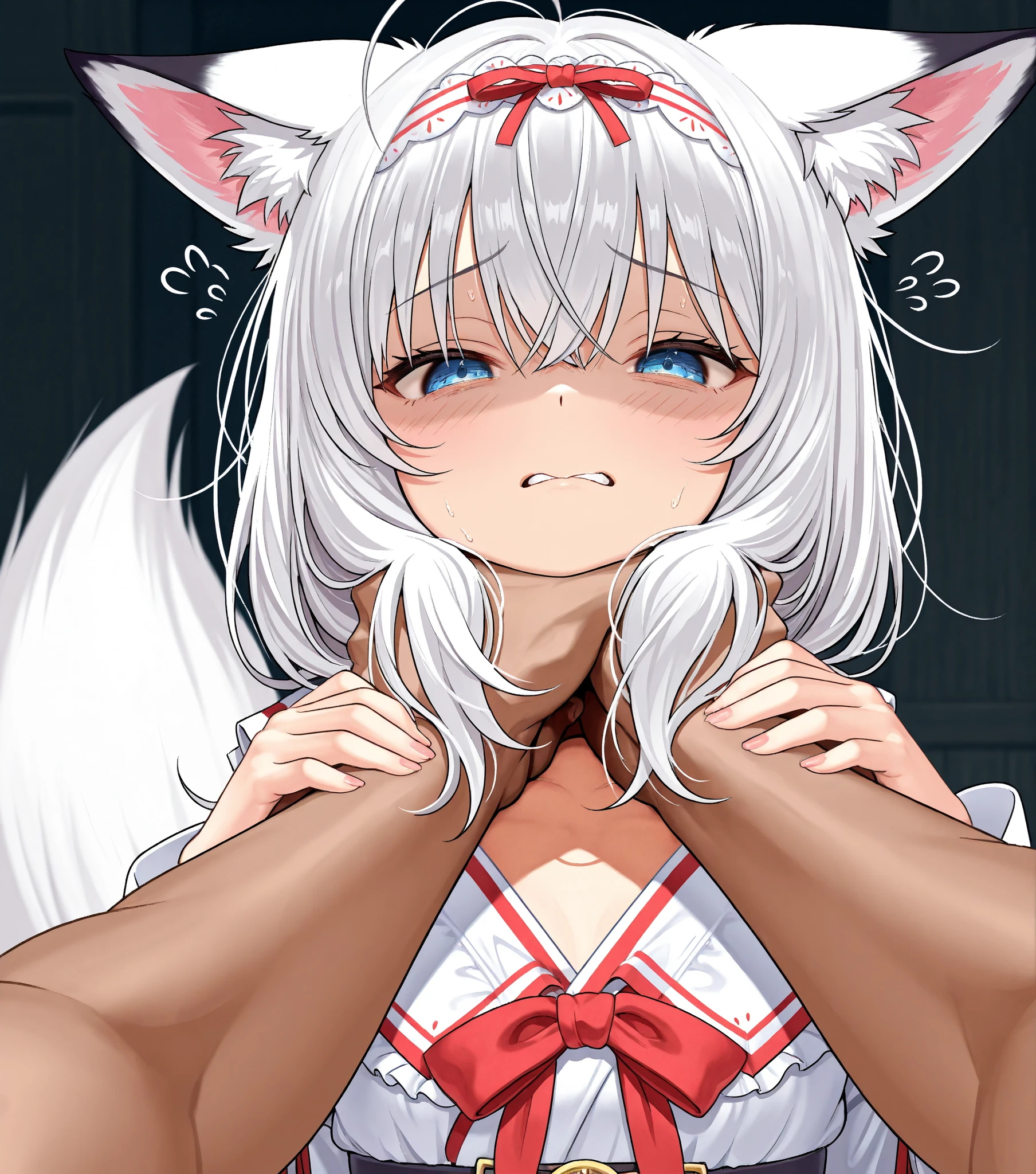 1girl, kokona, indoors, orange eyes, white hair, :3 mouth, embarrassed, beautiful eyes, beautiful lips, shiny lips, extremely detailed eyes and face, long eyelashes, close-up, warm lighting, vibrant colors, looking at the viewer, embarrassed look, blush, in bikini