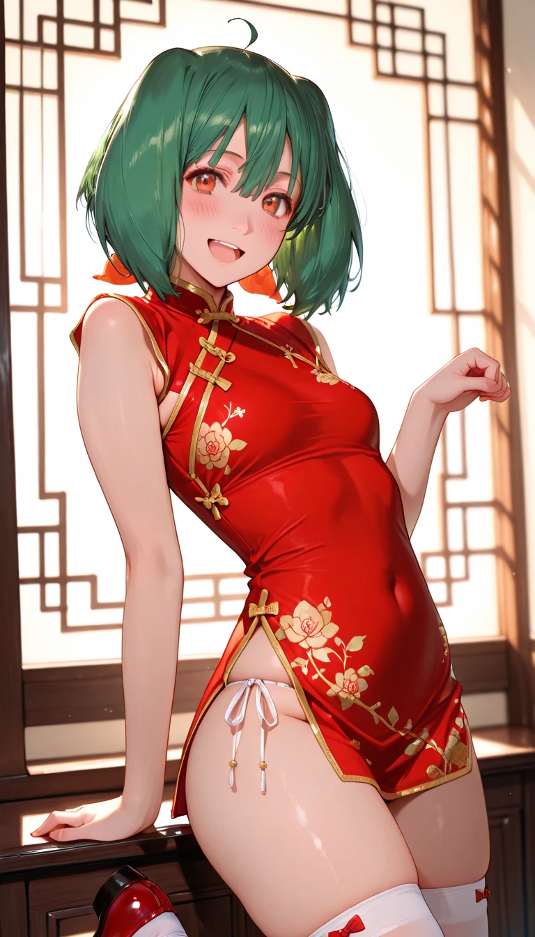 character girl 1,smile,sexy pose,perfect body,green eyes,sparkling eyes,leaning forward,Breast flick,slit,big breasts,big breasts,low length,He is short,heart background,thin waist,redhead,bun hair,long tongue,white cheongsam,open your mouth,stick out tongue,small clothes,change,small body,luxury background