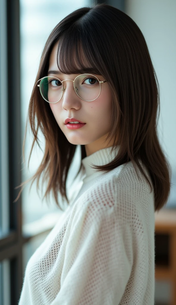 (masterpiece:1.2, highest quality), (Realistic, photoRealistic:1.4), Beautiful illustrations, (Natural Side Lighting, Cinema Lighting), Written boundary depth, Beautiful thighs staring at the viewer, (((Face Focus, Upper Body))), 1 female, 30-year-old, alone, thin, slender, (small breasts), Long Hair, straight Hair, Forehead, Forehead, Forehead, Forehead, thin, slender, glasses, white sweater, sexy pencil skirt, Are standing, ((Close-up)), ((Close-up)), ((Close-up))
