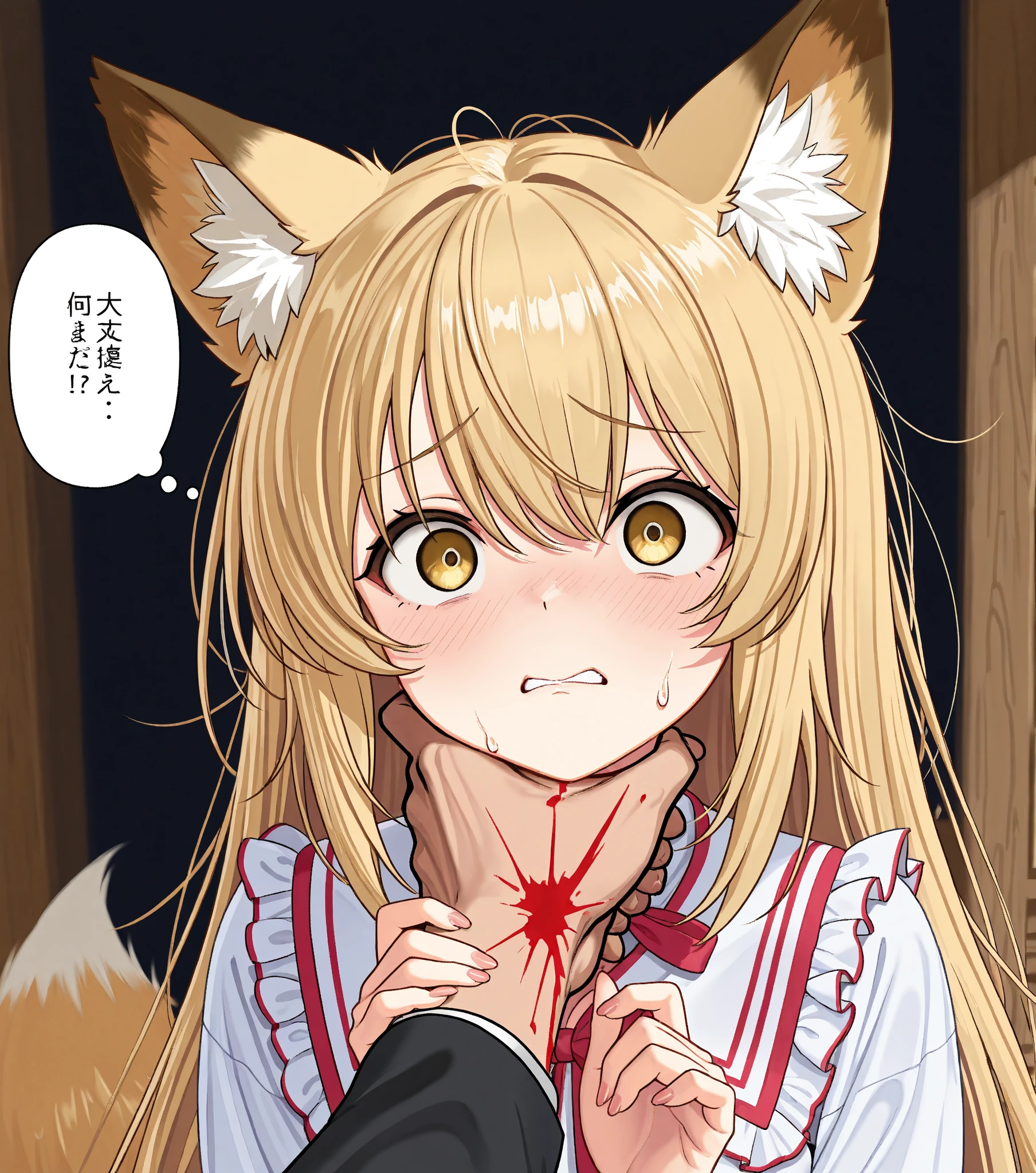 Score_9, Score_8_up, Score_7_up, Score_6_up, Score_5_up, Score_4_up, source_anime, anime style, anime screencap, 1girl, holo, brown hair,long hair,red eyes, wolf girl,wolf ear,wolf tail, cum in mouth, cute, cum, seduce, seductive smile, full blush, penis, saliva, blowjob, alley