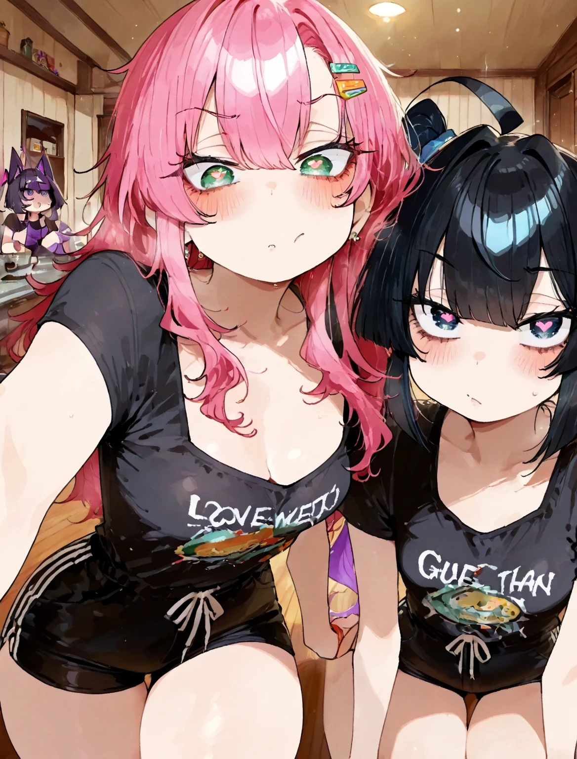 2 girls, one dark blue haired with yellow and black clothing and flat breasted, one purple haired with pink nurse outfit with huge breast.