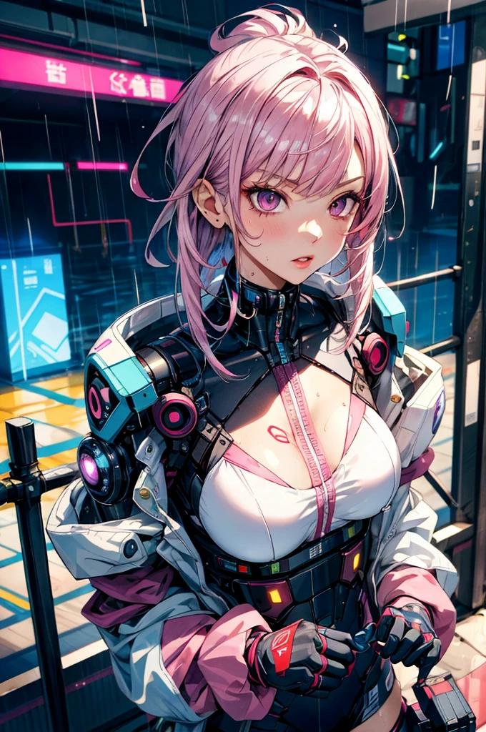 (best quality,4k,8k,highres,masterpiece:1.2),ultra-detailed,(realistic,photorealistic,photo-realistic:1.37), beautiful android girl with pink hair and pink eyes, sci-fi white prison cell, sci-fi prison, bed in the background, android features, asserting dominance, stoic look, apathetic, holographic screens, sci-fi themed, apathetic facial expression, sexy android suit, android features on body