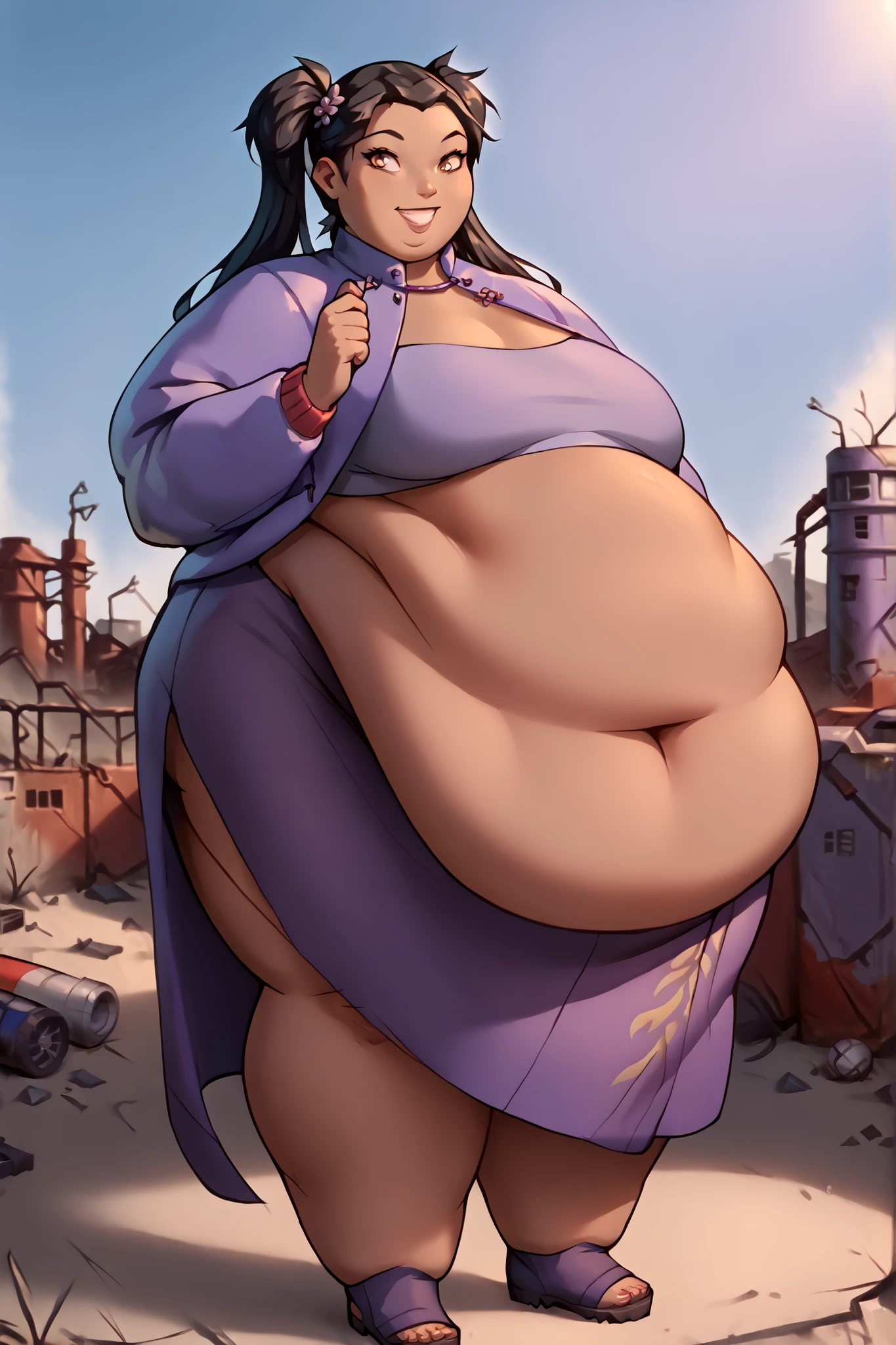 art by kipteitei, 1girl, brunette, straight hair, kunisaki nobara from the anime jujutsu kaisen, big jiggly belly, pretty face, nose, lips, beautiful eyes, (best quality, masterpiece, 4k, sharp focus), professional photograph, sharp focus, dramatic, award winning, cinematic lighting, octane render, unreal engine, volumetrics dtx,