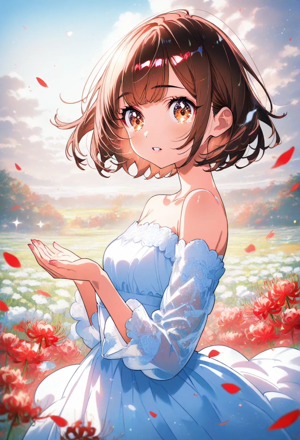 (masterpiece、Highest quality、Highest quality、Official Art、Beautiful and beautiful:1.2)、(One Girl:1.3)hatsune miku、Twin tails,Beautiful breasts,Very detailedな, Very detailed, masterpiece, Highest quality, Highest quality, Ridiculous, High resolution, Scattered under the surface, (One Girl: 1.5), (alone: 1.4), smile, (Black curly hair), (Curly Bob Haircut:1.2), Asymmetrical hair, Asymmetrical bangs, Shortwave Van, (Dark brown eyes:1.2), Round eyes, fine grain, perfect brown eyes, Rendering brown eyes, (View your audience: 1.1), Dynamic pose, Dynamic Angle, whole body, Detailed skin, Skin pores, Glowing Skin, Glowing Skin, (Skin dentition:1.2), (Light freckles:1.2), Large Breasts, Hair Flow, Idol, (blue summer dress:1.2), summer, (sunset), Outdoor, orange sunset sky, (Tulip Fields:1.2), (water:0.8 ), (Detailed Background: 1.2), (Complex background: 1.2), Written boundary depth, Small choker, (Little Lori),