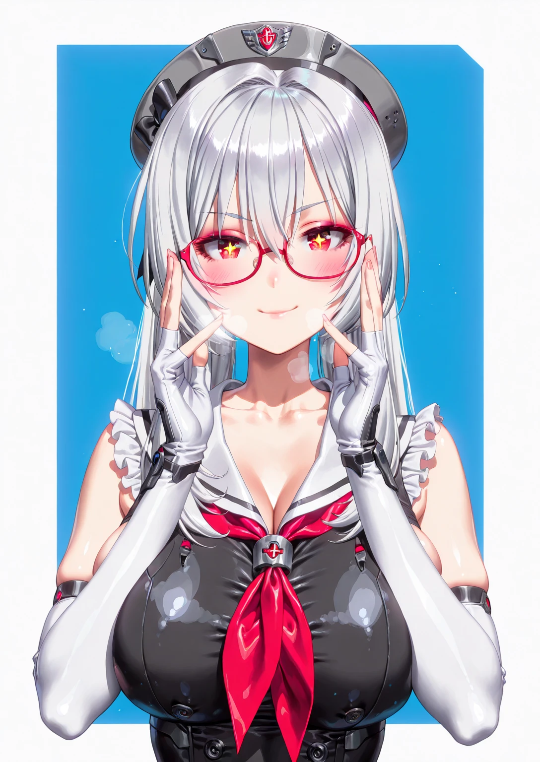 (Love Cacao-style:1.2), (zonda_(solid_air)-style:1.2), ((anatomical correct)), ((Cinematic, unreal engine, eye-catching, ambient occlusion, UHD, masterpiece)), ((perfect lighting, soft shadow)), perfect body, perfect eyes, perfect fingers, gasping, heavy breathing, gasping profusely, ((skindentation)), ((curvy)), RUBILIA, red eyes, long hair, ((silver hair)), hair intakes, hair between eyes, sidelocks, very long hair, jewelry, narrow waist, 1girl, solo, gloves, smirk, upper_body, glasses, fingerless_gloves, breasts, looking_at_viewer, hat, closed_mouth, neckerchief, collarbone, white_gloves, sleeveless, buttons, +_+, elbow_gloves, red_neckerchief, double-breasted, blue_background, red-framed_eyewear, beret, adjusting_eyewear, bespectacled, hands_up, frills, sailor_collar, fingernails, bare_shoulders, black_headwear, blush, grey_headwear