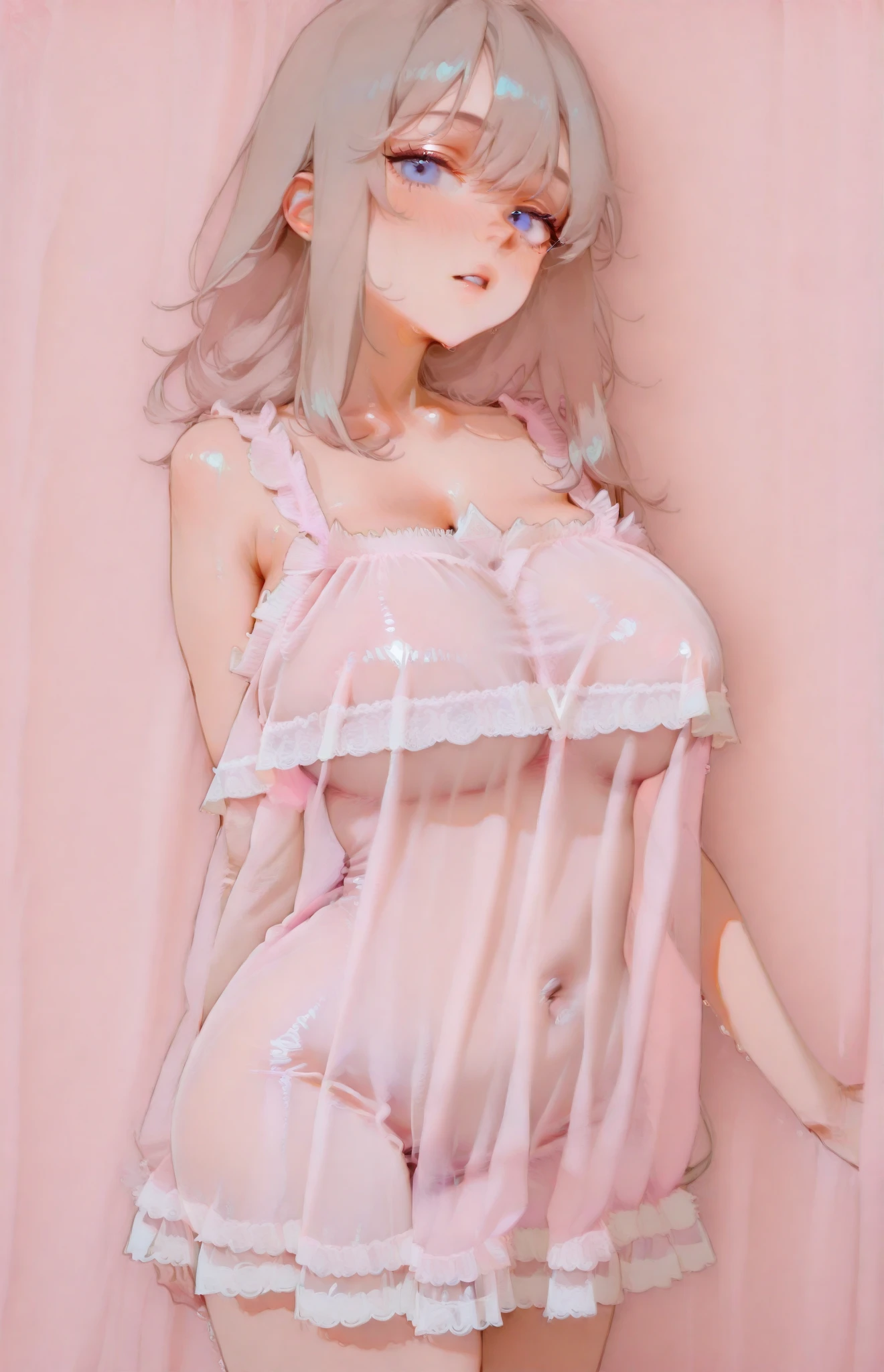 anime girl in pink lingerie with green hair and green eyes, ,  in dress, shirabii, , oppai, big breasts!!, sie boob, draped in fleshy green and pink, fluffy chest, with a large breasts, highly_detailed!!, big breasts!, thicc, oppai proportions