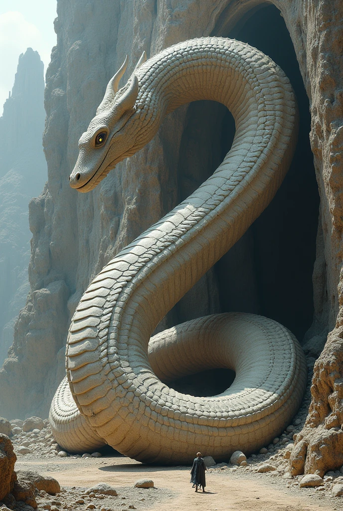 ((best quality)), ((masterpiece)), (detailed), a giant snake is moving on a large land, the snake's face looks like a dragon, a large view looking down from outer space, the long and giant snake has 3 heads, the snake is white