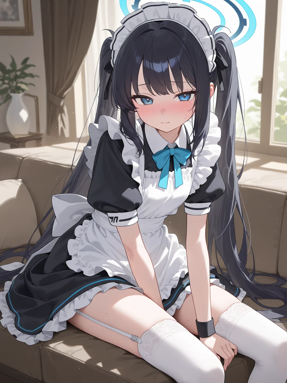(score_9,score_8_up,score_7_up,score_6_up,score_5_up,score_4_up),
best quality,masterpiece, very aesthetic, absurdres, insanely detailed, absurdres, ultra-highres, ultra-detailed,
kawaii, ultra detailed, ultra cute, ultra beautiful,
super fine illustration, light particles, perfect anatomy, Japanese anime style, 8K,
BREAK
1girl, solo, original, hair, twintail, eyes, cat ears, cat tail,
maid apron, bra, lingerie, maid headdress, pantyhose, underwear, (panties under pantyhose):1.2, frills, apron, puffy sleeves,
wavy mouth, blush, (skirt lift up, lift up skirt),
cowboy shot, from below, looking down at the viewer
at living room, window background, curtains,
