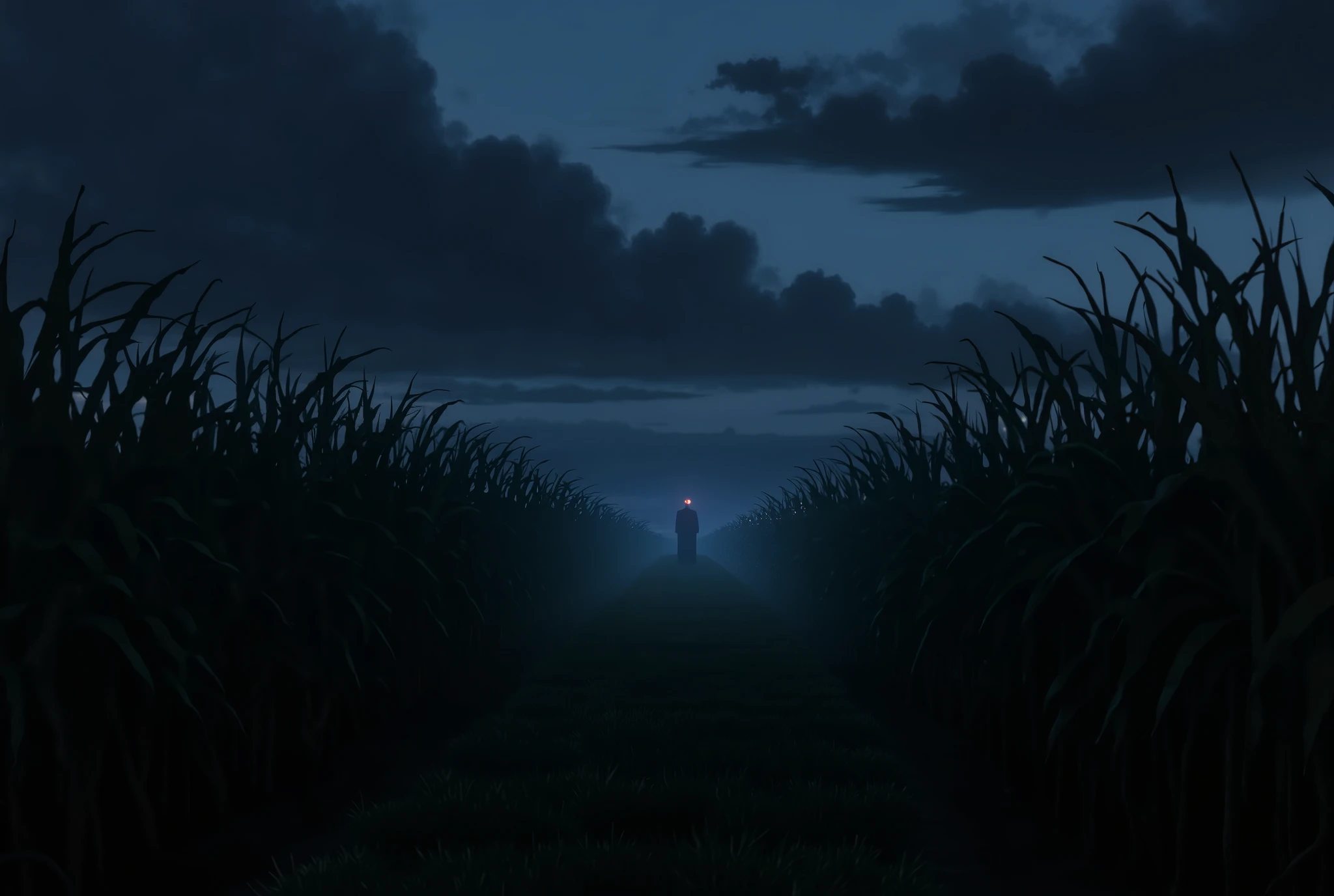 anime style, A mysterious sugarcane field at dusk under a dark cloudy sky, tall stalks swaying silently in the wind, faint fog covering the ground, deep shadows between the rows of cane, a dim glowing light coming from within the field, eerie and unsettling atmosphere, cinematic composition, slightly surreal, 4K resolution, 90s retro anime