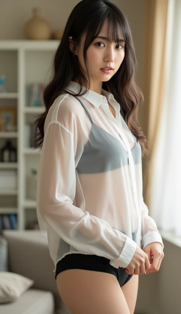 ulzzang -6500-v1.1, (Raw photo:1.2), (Photorealsitic), (See-through:1.3), (Real: 1.4), (Ultra-realistic pantyhose:1.2)、Full body, neat and long legs、 Focal length: 1.2, Real Popular Female College Student、 college girls、Perfect Body Beauty: 1.4, (White open shirt、, Standing: 1.2), (Home bed: 1.3)), Highly detailed face and skin texture, Detailed eyes, No Underwear、A smile、turned around、Exposed thighs!!!