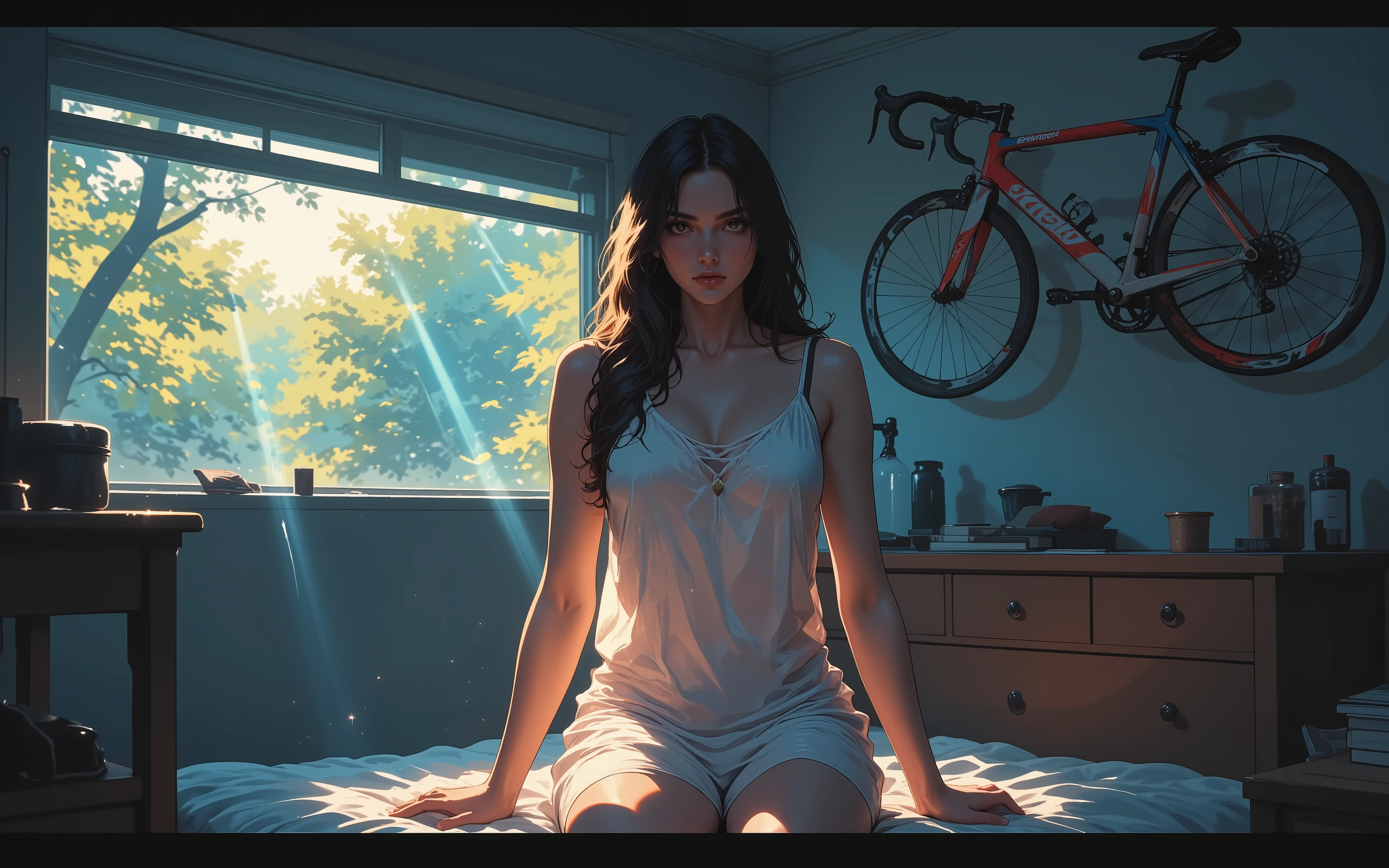 score_9, score_8_up, score_7_up, score_9, score_8_up, score_7_up, chiaroscuro lighting style, partially covered in shadow, epiCPhoto, p4l0m4, basement, Expressiveh,
BREAK,
dynamic lighting, first-person view, Anime style scene from a first-person perspective. full body,A tall young woman with dark long hair, wearing a translucent white Nightdress , sits beside on a bed. Morning sunlight shines through a horizontal window behind her, creating visible light rays like beams filtered through tree leaves. (a road bicycle with a red, blue, and white frame (band Cinelli:1.4 ) hangs on the wall). The room is calm, minimal, slightly unfamiliar. Vivid colors, clear bold outlines, soft shadows.