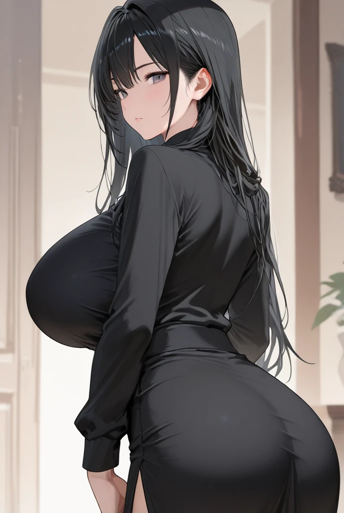 a matural female,Thirty-year-old female,Woman,Royal sister,(Wife hairstyle),Backless sweater,Narrow skirt,show legs,(huge tit),cabelos preto e longos