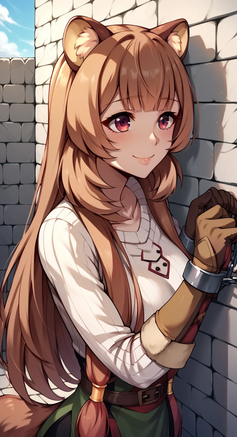 score_9, score_8_up, score_7_up, score_6_up, score_5_up, score_4_up, source_anime, 1girl,amber5star, beautiful girl, upper body, smile, brown hair, long hair, orange eyes, w-w-chain, shackles, raise arms, chocker, red vest, white shirt, A red handkerchief, white gloves, dungeon, best quality, best res, 4K UHD,
 