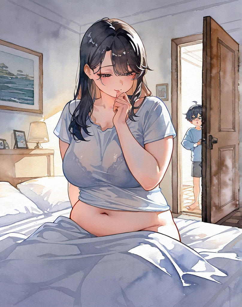 ((((woman and 1little boy:1.2)))),(((( Grab mama's thighs:1.2)))),(Thick thighs:1.1),(Huge breasts:1.1),(Embarrassing:1.3,blush),(intense orgasm:1.1),(tears:1.1),(Lace panties),(Squint eyes:1.2),(Sweat:1.1),(tight shirt),((squat:1.3)),((kitchen)),(Wearing skirt,garter belt), masterpiece, Highest quality, Very detailed, Dynamic Angle, ((Perfect hands)),(shiny skin,), Great background, Meaningful Background, Absurd background, Artistic Overlays,The style is surrealism, Cinema Lighting,Ray Tracing,Holy Light