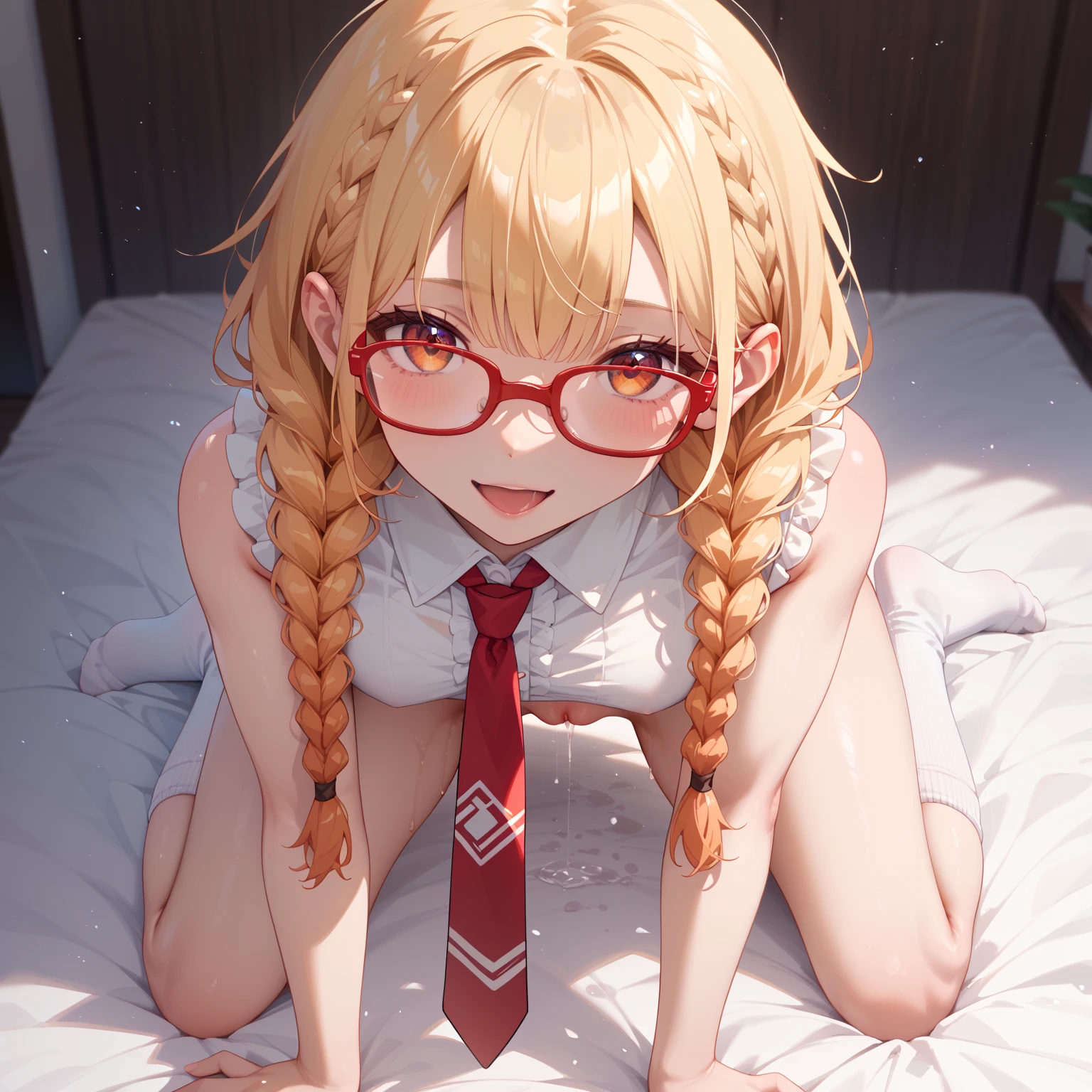 light-colored hair、hime-cut、poneyTail、Golden Eyes、eye glasses、Thin jacket、ssmile、Early teens girl、(Hands raised)、((I can see very small breasts))、((Thin pubic hair))、grass field、((Spreading legs on the back))