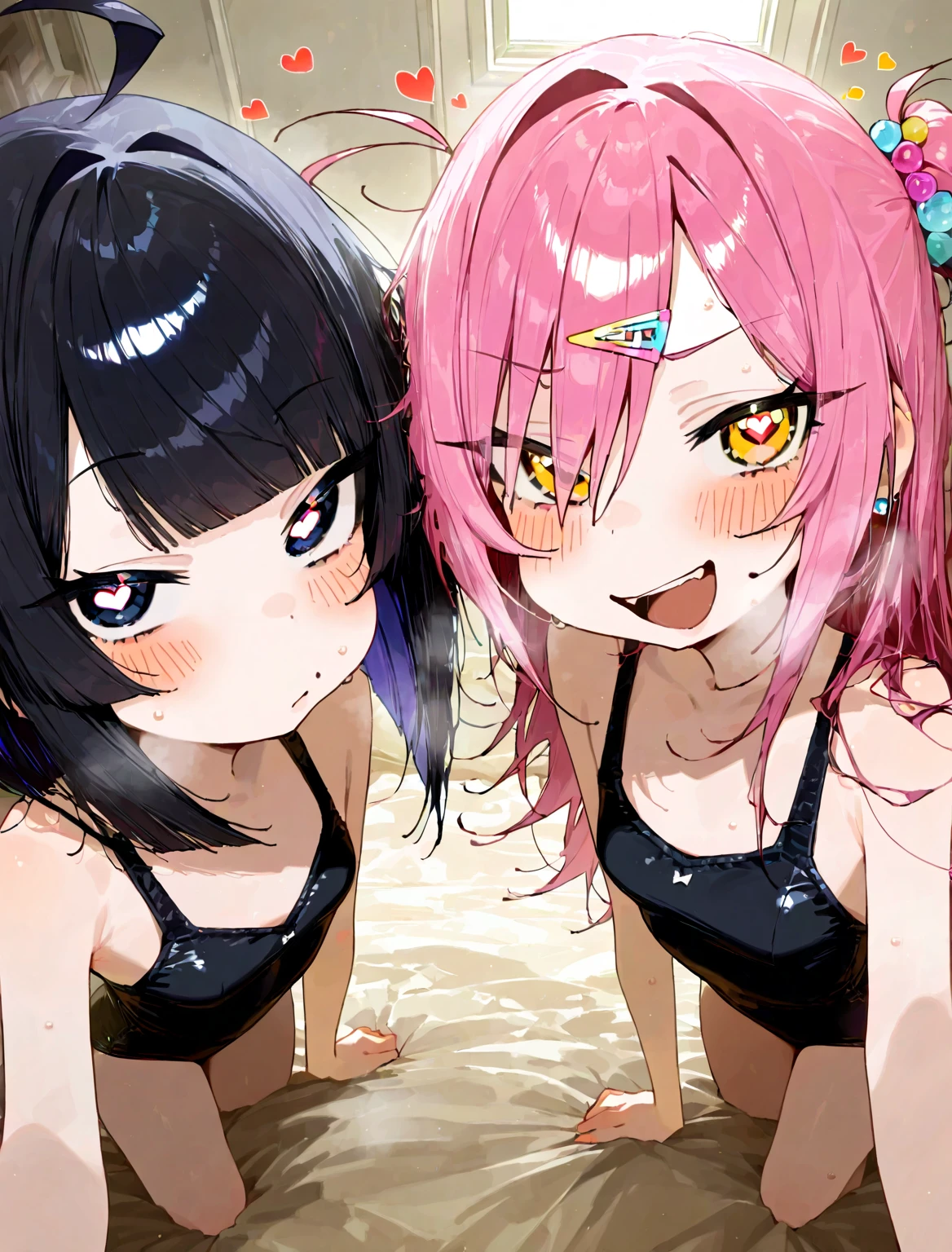 some pretty anime characters fighting over water with one another over the top of them a sun blushing lewd face while wearing very tight boots micro bikini