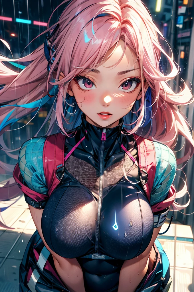 cute bunny girl,(((1girl))),((bunny girl with extremely cute and beautiful aqua hair)),(((bunny girl,anthro furry cute,bunny-girl))),(((bunny ears,bunny ears on head,big bunny ears))),
(large breasts:1.4),saggy breasts,(((aqua ponytail hair:1.35,colored inner hair,ear breathing,large hair))),(((heterochromia:1.5,eye1 aqua,eye2 yellow))),intricate eyes,beautiful detailed eyes,symmetrical eyes,big eyes:1.3,((fat)),(((lustrous skin:1.5,bright skin: 1.5,skin tanned,shiny skin,very shiny skin,shiny body,plastic glitter skin,exaggerated shiny skin,illuminated skin,wet legs))),(spider lower abdomen,narrow waist,wide hip,athletic body,inflated legs,detailed body,(detailed face)),
cute,slutty,seductive,erotic,(((nsfw))),
(((pit girl uniform)))(magenta pit girl suit unbuttoned),((magenta armor clothes)),(((huge cleavage))),cleavage cutout,((wet clothes,intricate outfit,intricate clothes)),
(dynamic pose:1.0),solo focus,embarrassed,(centered,scale to fit dimensions,Rule of thirds),
cyberpunk city by the ocean at night, with bright neon signs and dark stormy clouds and puddles, scenery:1.25,
artistic photography,(photography taken by sldr),highres, sharp focus, (ultra detailed, extremely detailed), (photorealistic artwork:1.37),(extremely detailed CG unity 8k wallpaper),((synthwave background theme)),(((vibrant colors))),(intricate background),(masterpiece),(best quality),